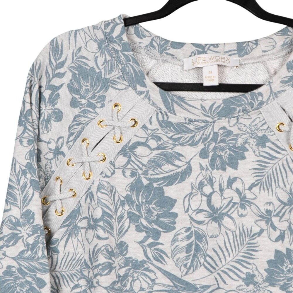 Life Worx Floral Print Top Sweatshirt M Lace Up 3/4 Sleeves Cotton Blue Gray - Picture 2 of 6